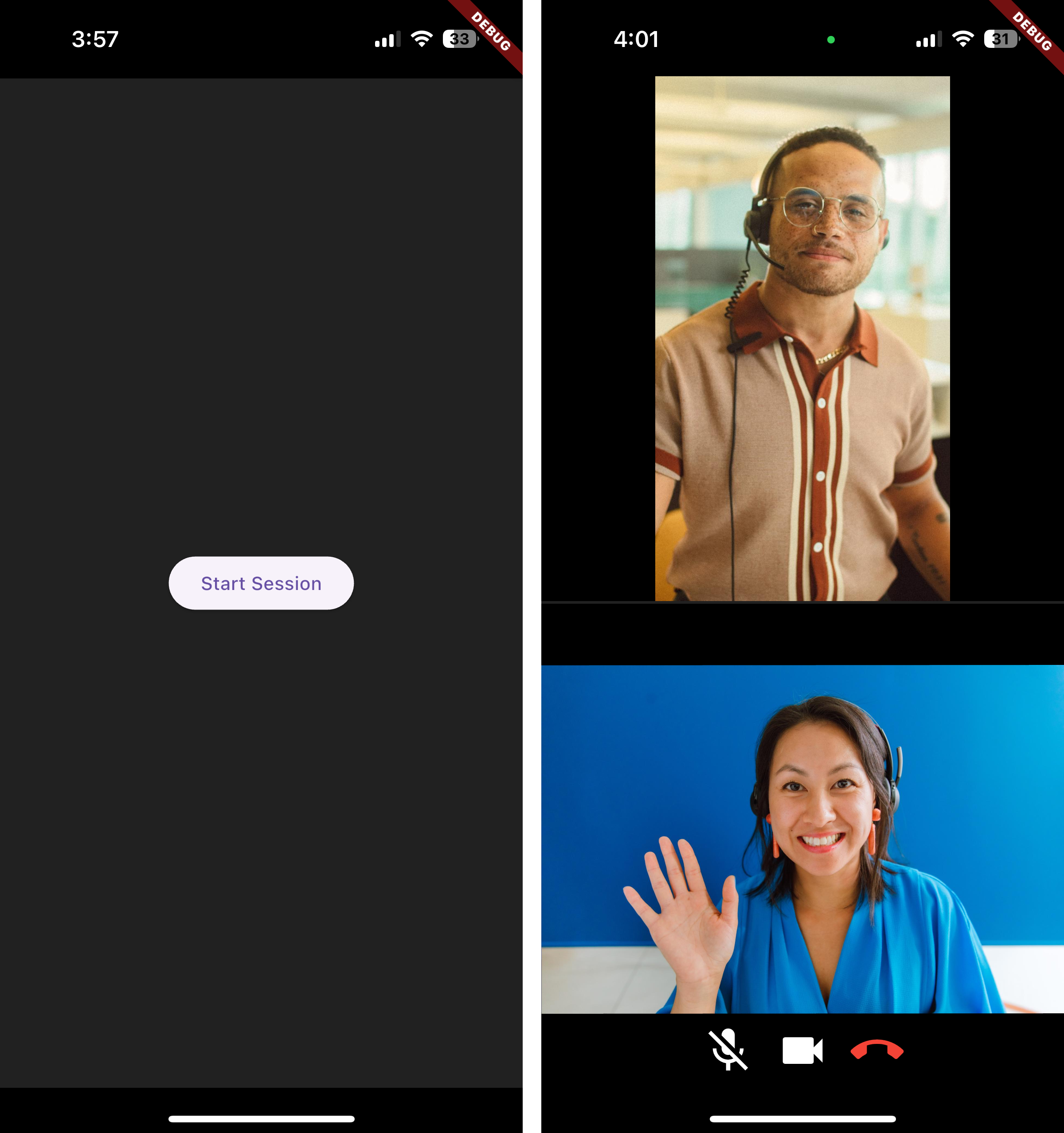 two screenshots: one screen to start a session and another screen with two users talking to each other
