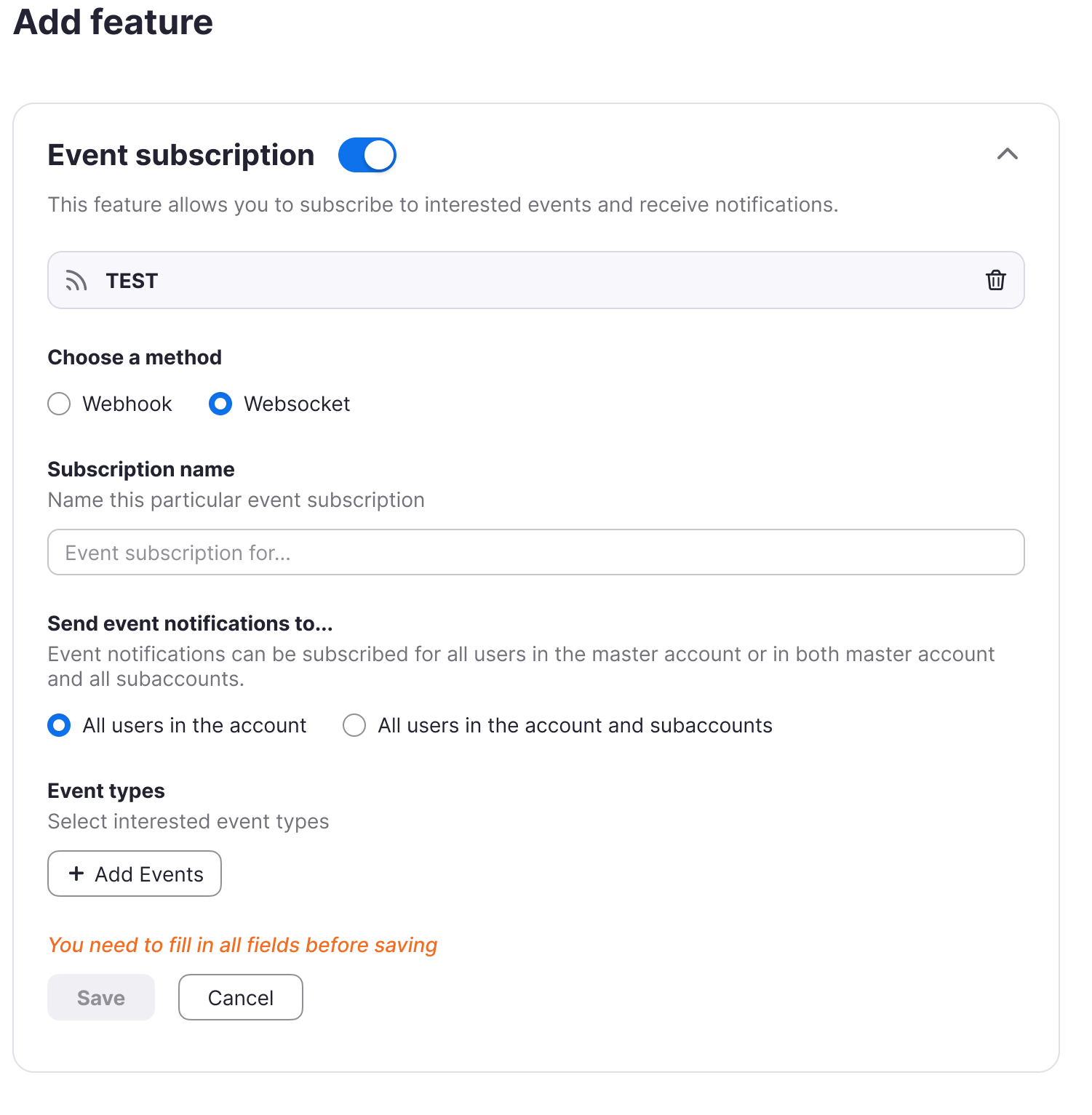 Server-to-Server add feature WebSocket event