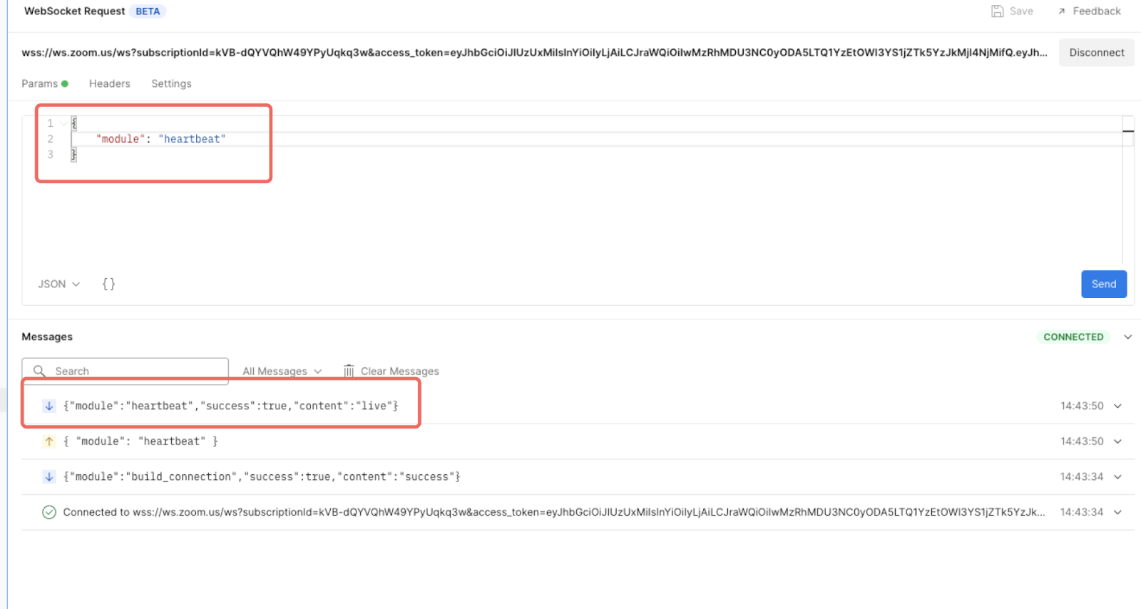 Postman WebSocket heartbeat