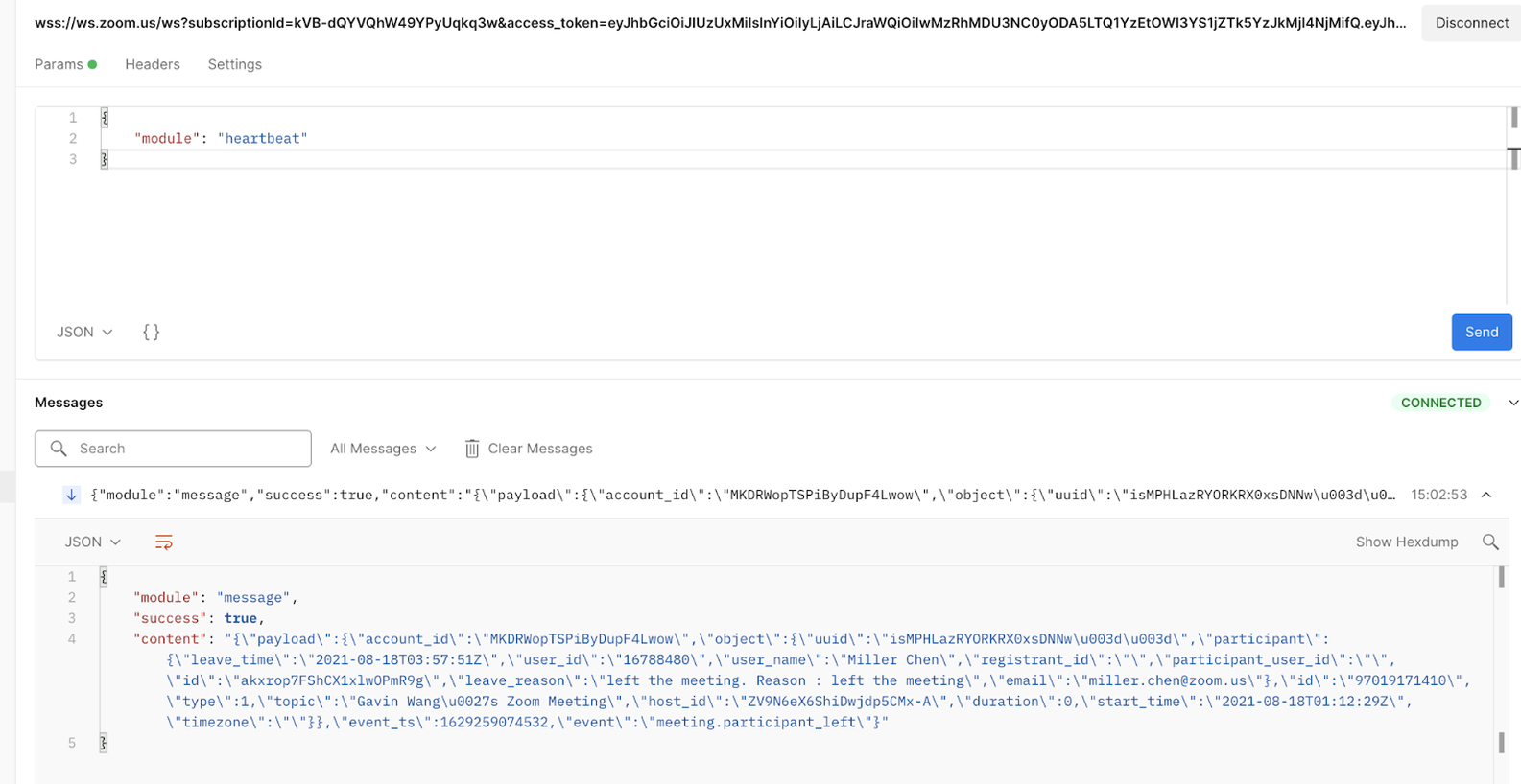 Postman WebSocket response